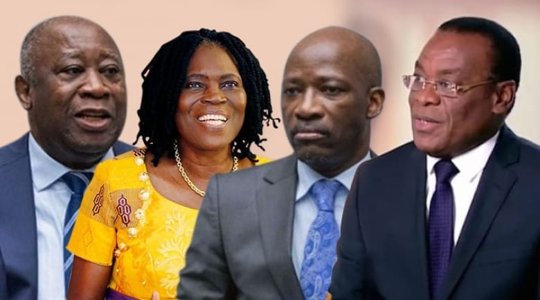 Laurent Gbagbo (président du PPA-CI), Simone Éhivet-Gbagbo (présidente du MGC), Charles Blé Goudé (président du COJEP) et Pas