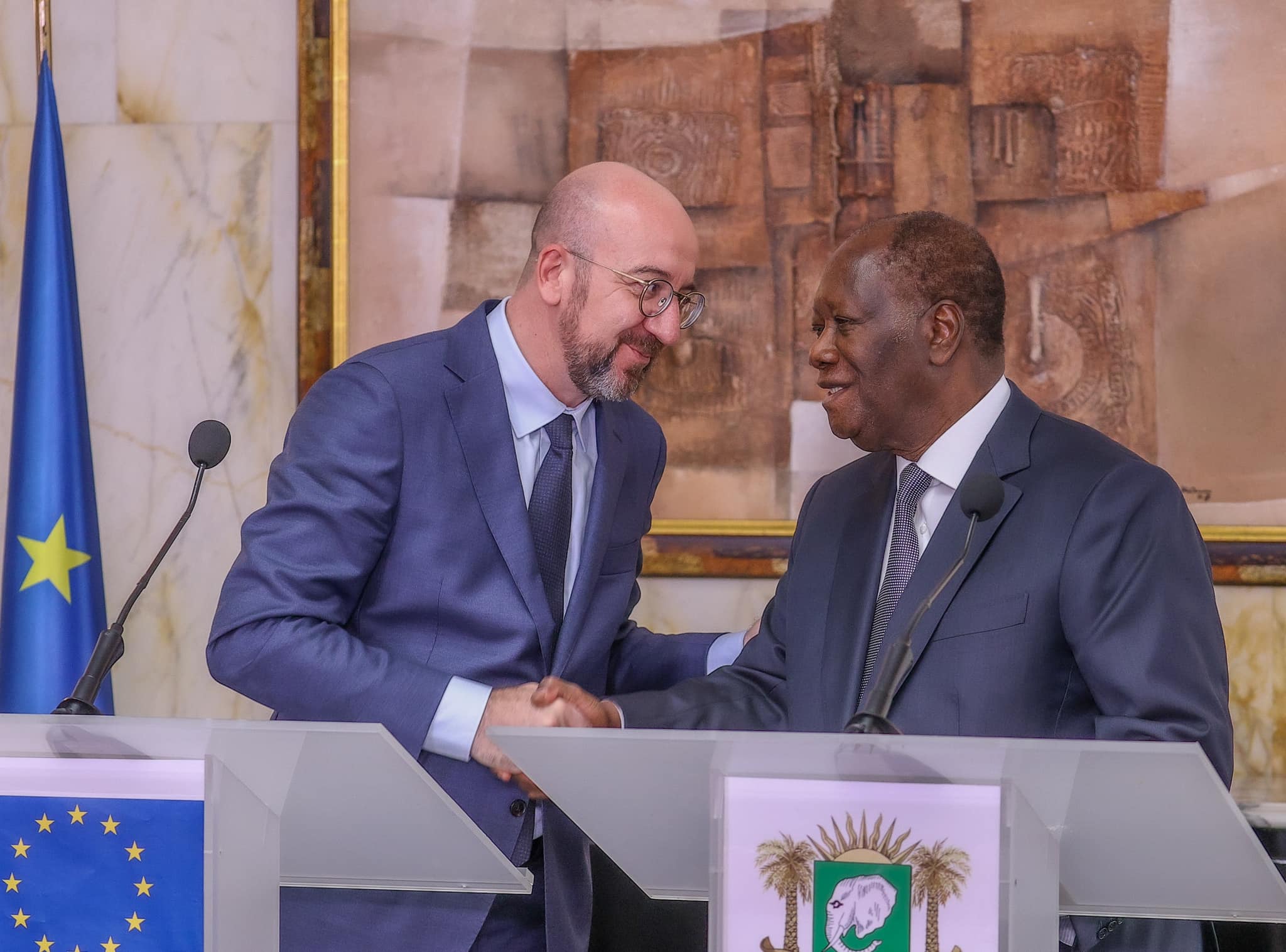 Rencontre entre le Président Alassane Ouattara et le Président du Conseil Européen, Charles Michel à Abidjan le 25 avril 2024