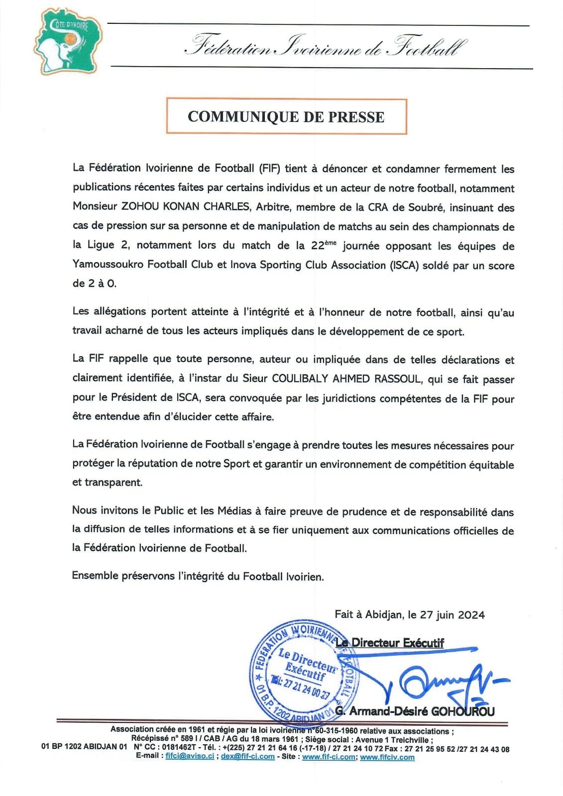 Communiqué de la Fédération Ivoirienne de Football (FIF) le 27 juin 2024