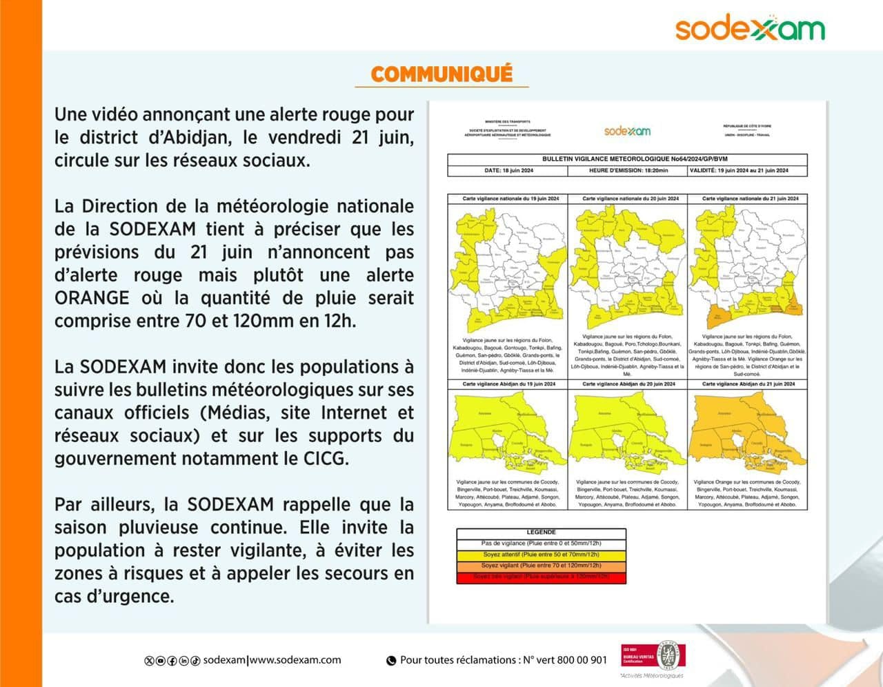 Communiqué SODEXAM, alerte orange pour Abidjan