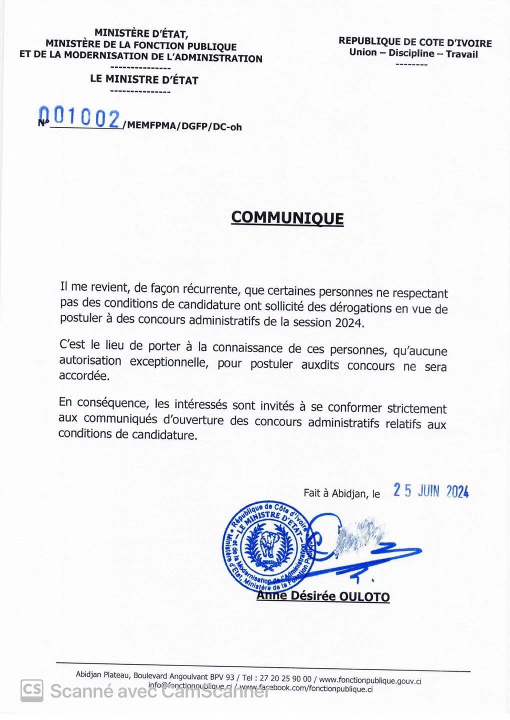 Communiqué Ministère de la Fonction Publique de Côte d'Ivoire