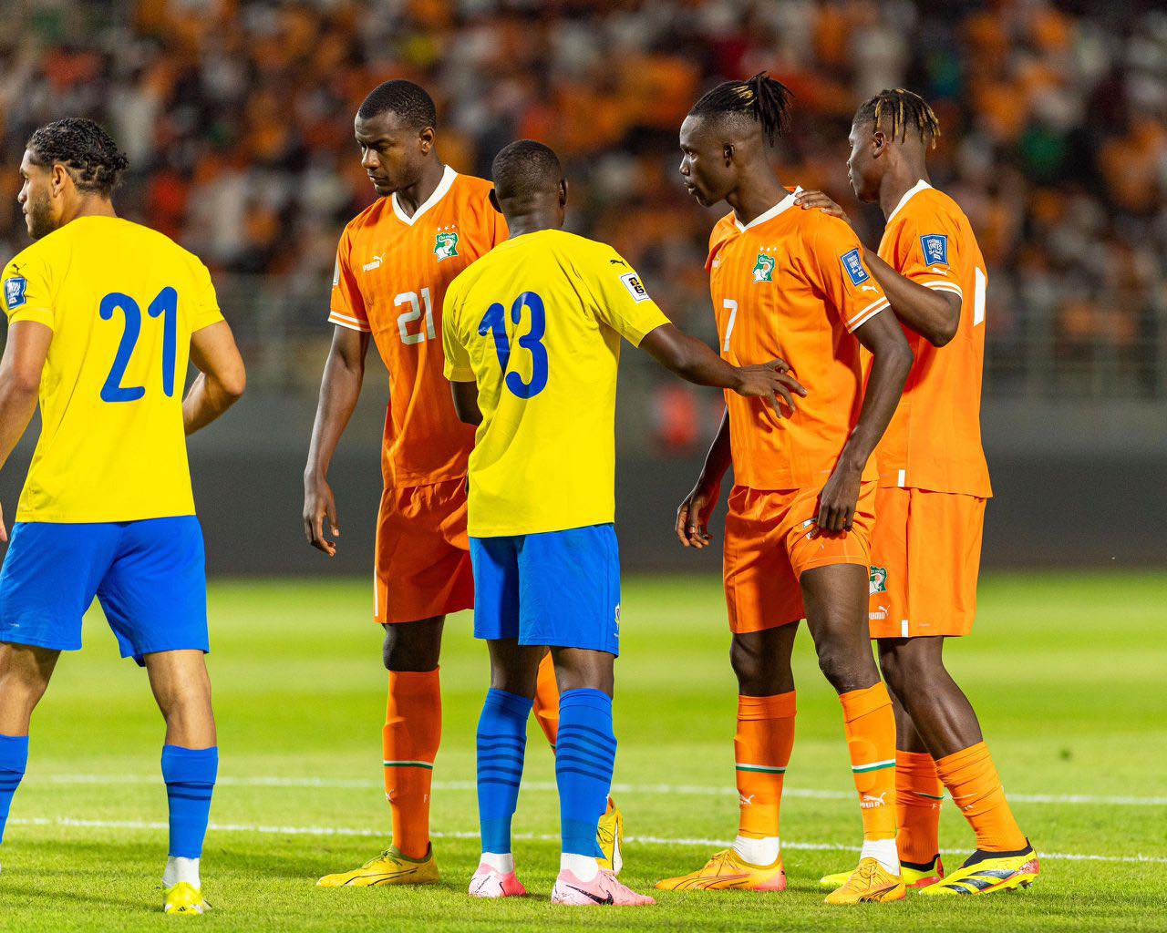 Les Éléphants de Côte d'Ivoire lors de la 3ème journée des éliminatoires du Mondial 2026 à Korhgo contre le Gabon 1-0 le 7 ju