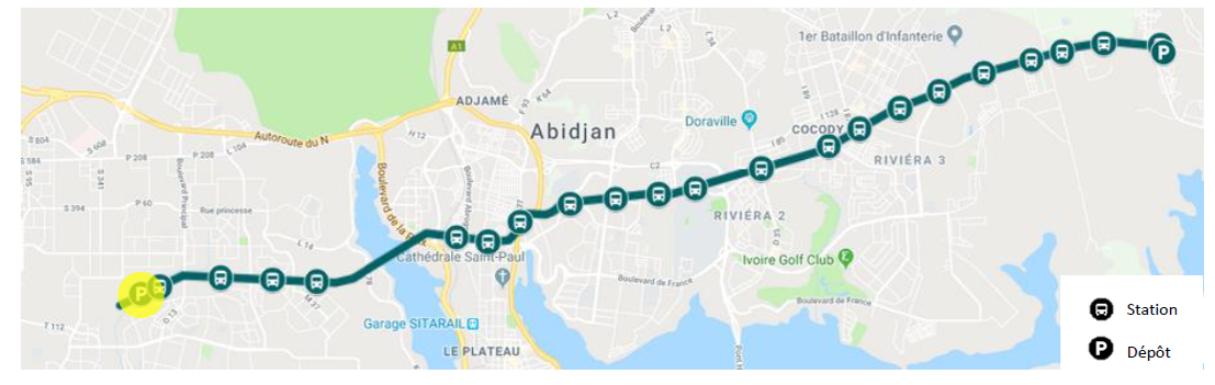 Figure 1 – tracé et emplacement des stations du BRT d'Abidjan– Source Logit – Octobre 2019