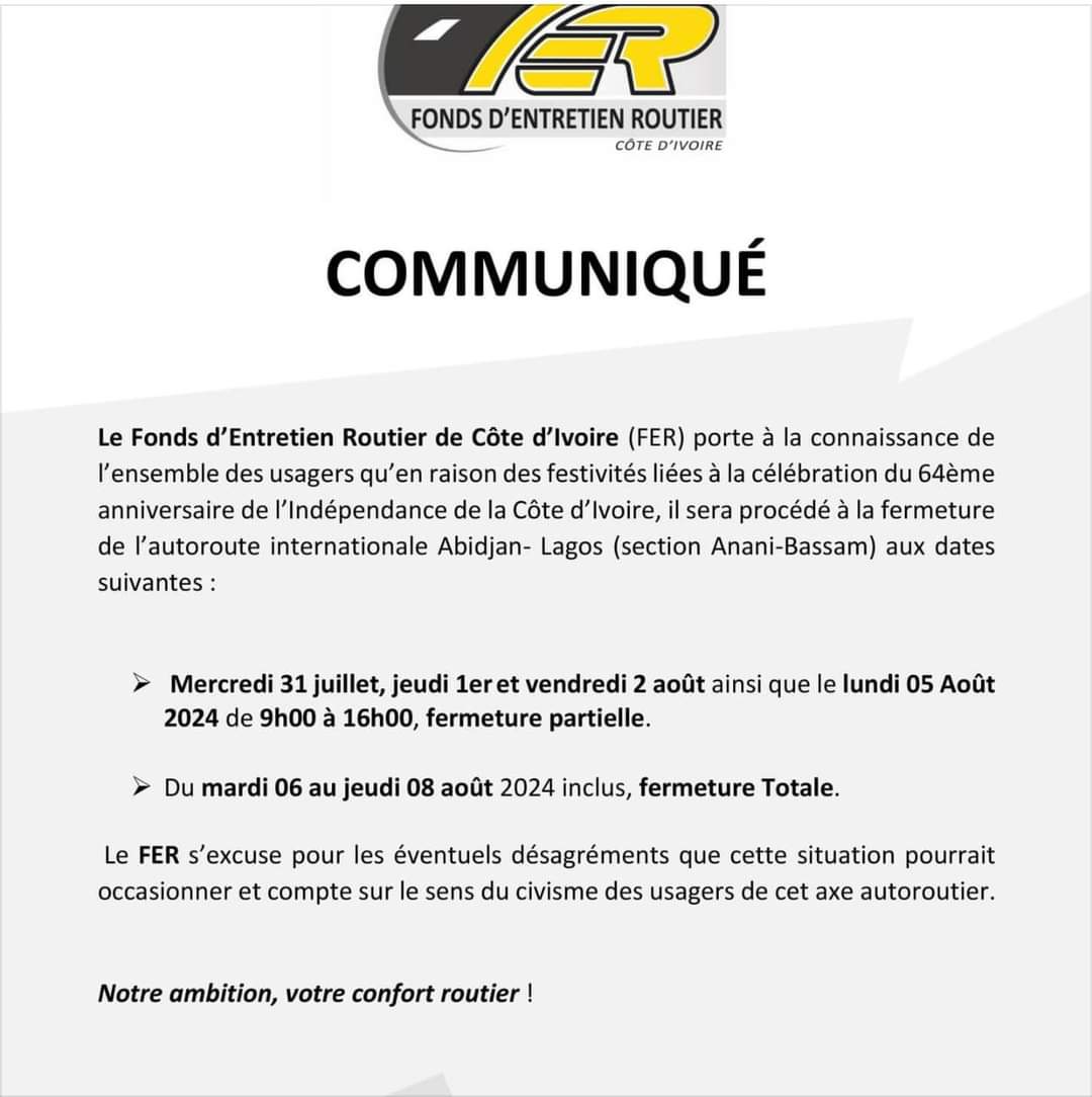 Communiqué Fonds d'Entretien Routier de Côte d'Ivoire (FER)