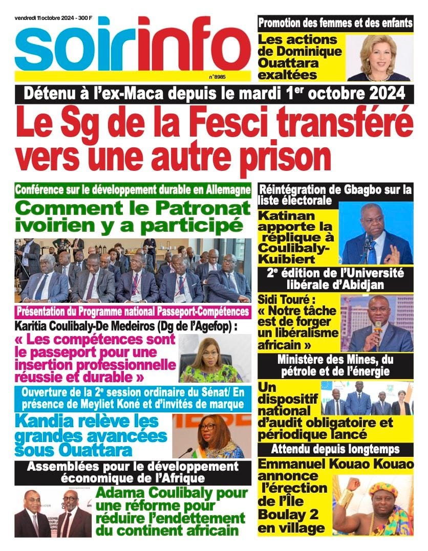 Titrologie 11 octobre 2024 - Soir Info - revue de la presse ivoirienne