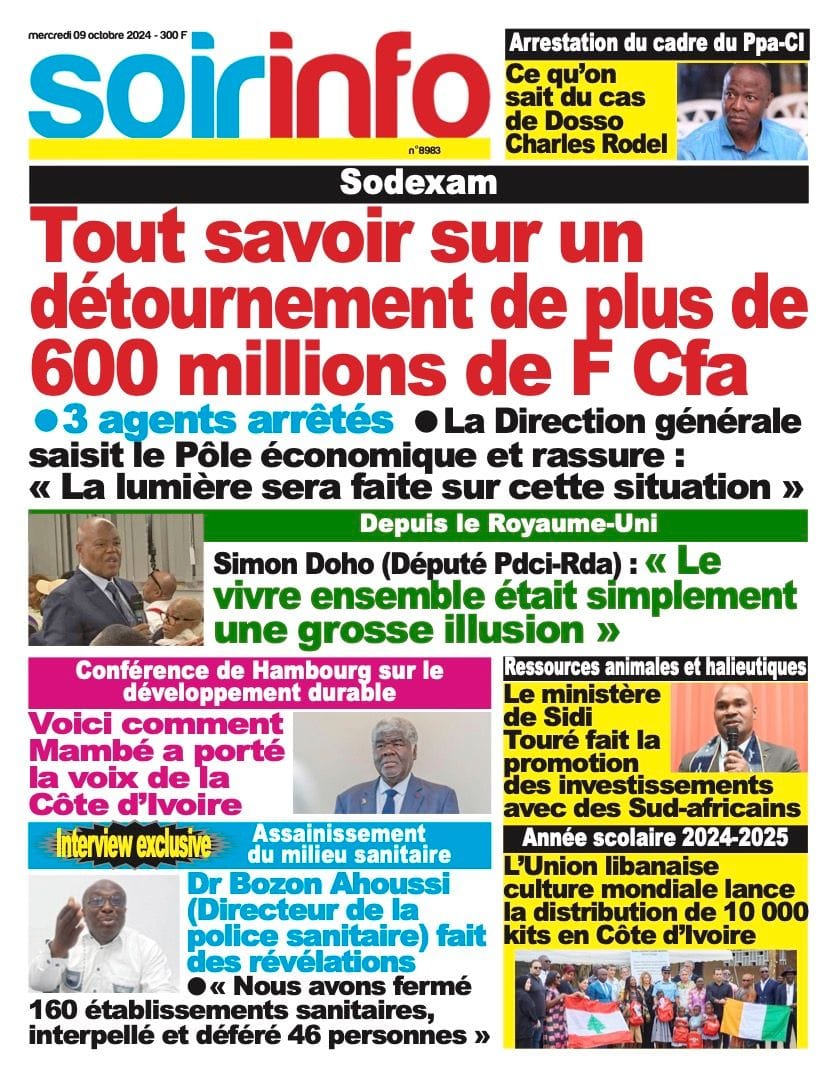 Titrologie 9 octobre 2024 - Soir Info - revue de la presse ivoirienne