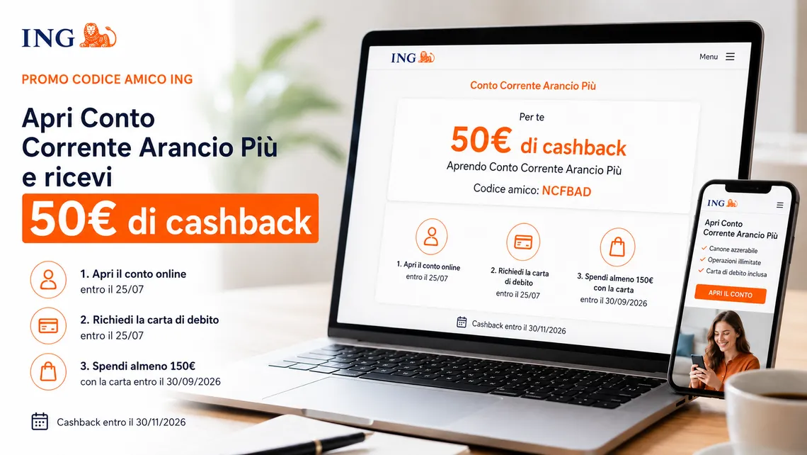 ING ti da 50€ di cashback: usa il codice amico NCFBAD