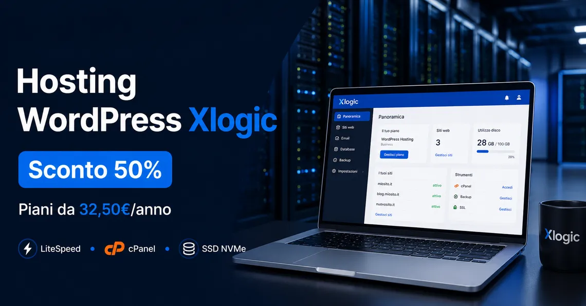 Hosting WordPress Xlogic al 50%: sito veloce da 32,50€ l’anno