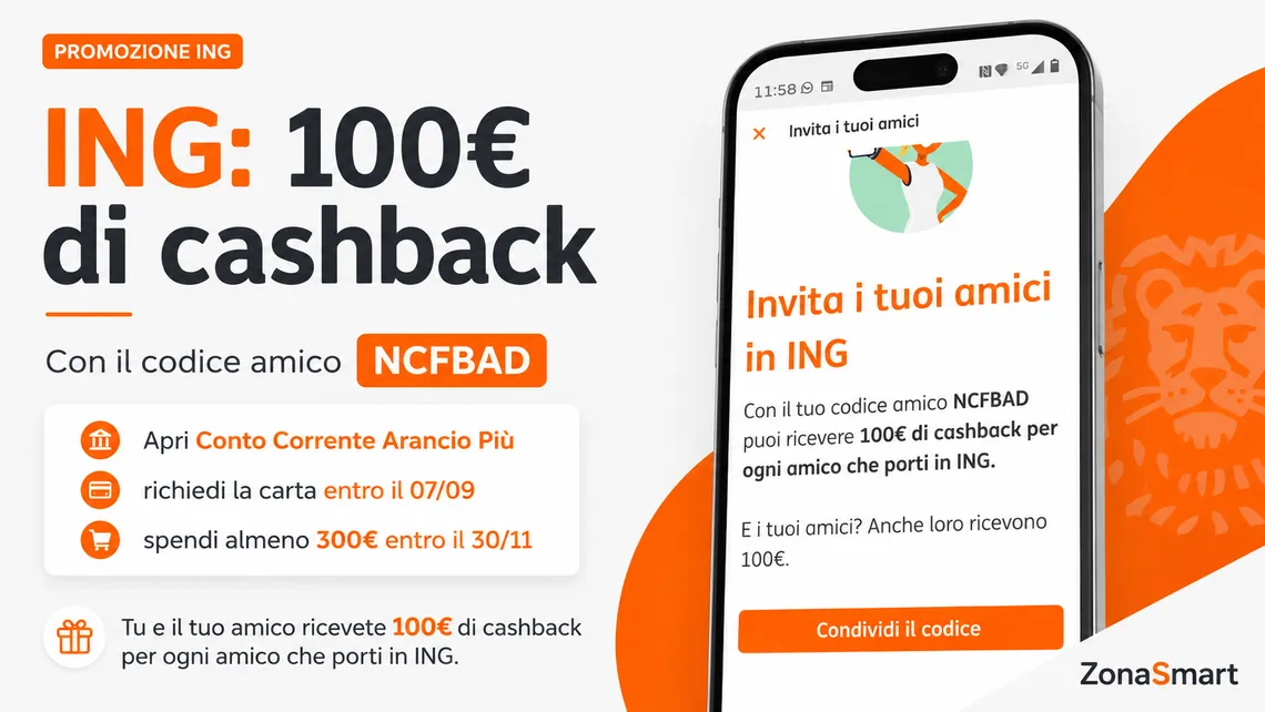 ING regala 100 euro: apri il conto con il codice NCFBAD