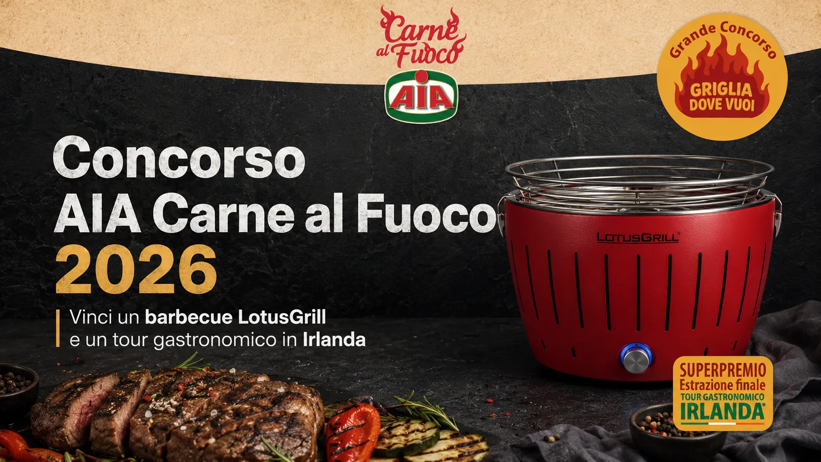 Concorso AIA Carne al Fuoco 2026: vinci barbecue e tour in Irlanda